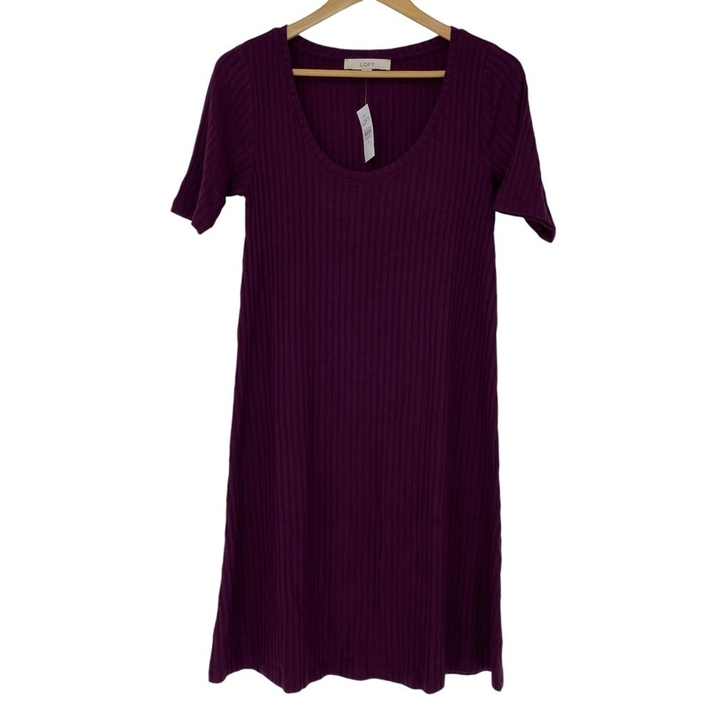 NWT LOFT burgundy wine ribbed short sleeve fall dress wms sz medium
